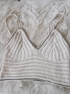 ↠ Wild Fable Beach Crochet Knit Boho Woven White & Striped Cropped Tank Top